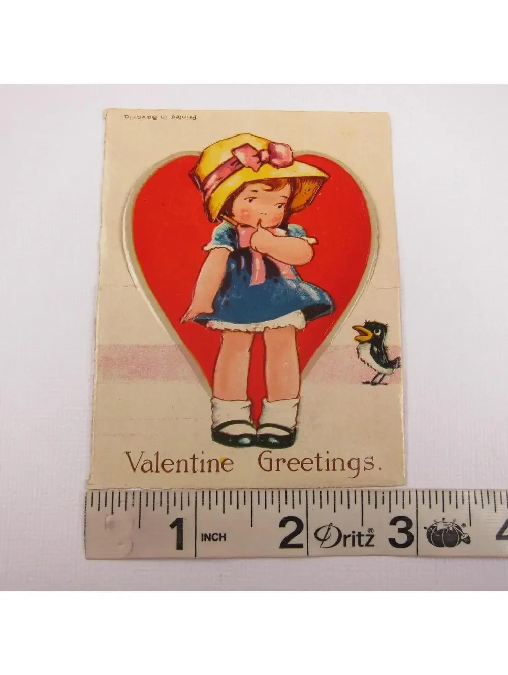 Vintage Valentine Card Cutout Stand Up Girl Straw Hat Blue Dress Bird UNSIGNED